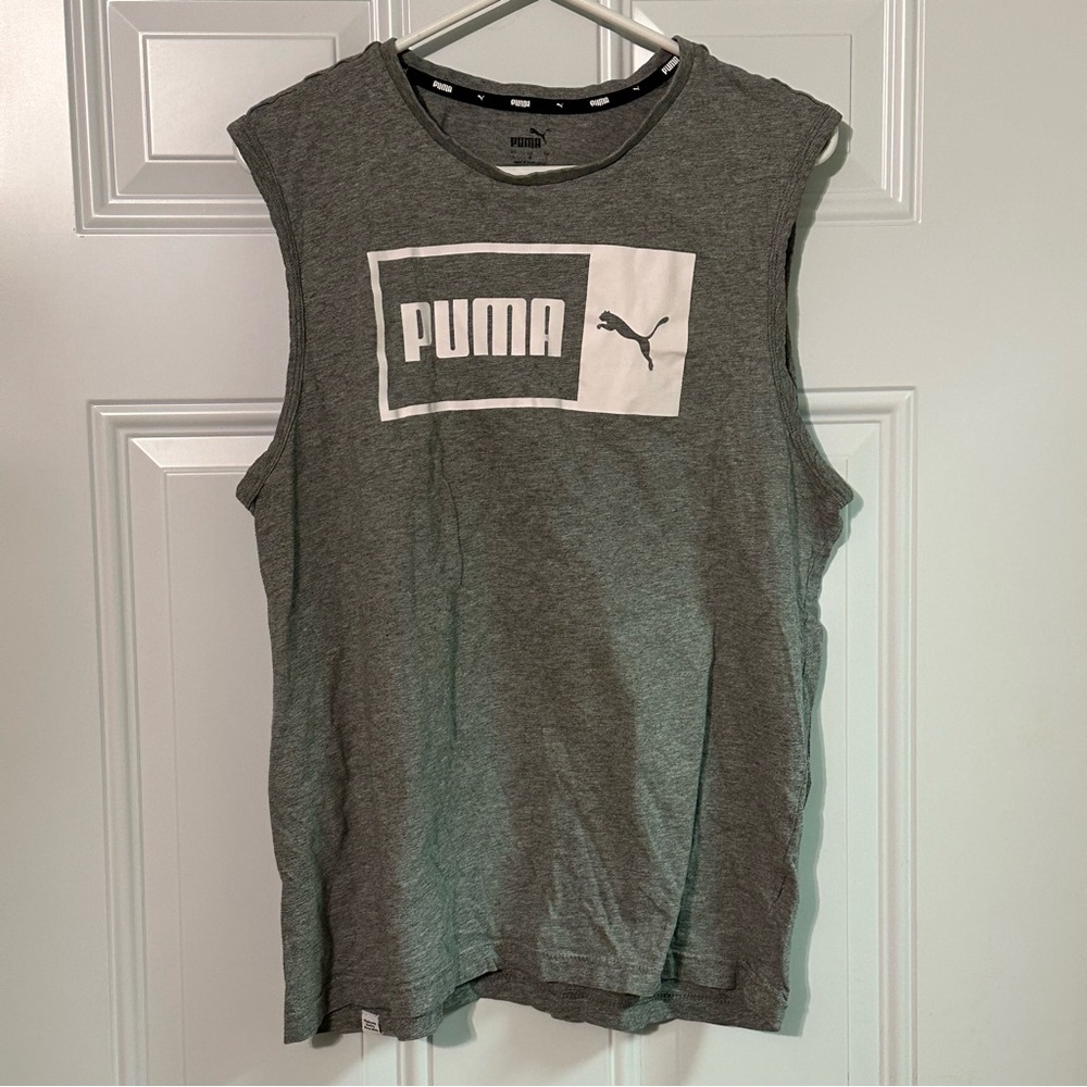 Puma Shirt Mens Size Large Gray Sleeveless Spellout Graphic Crew Neck